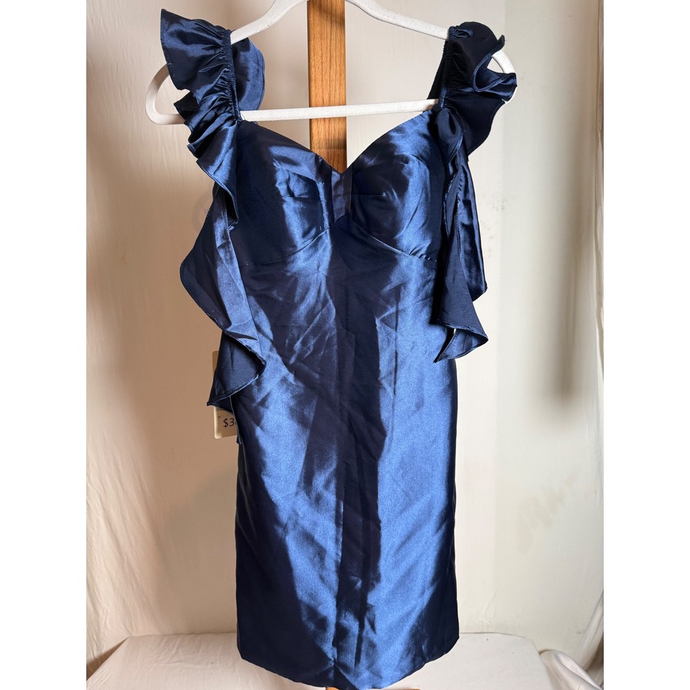 Gown Gallery Navy Blue Satin Ruffle Shoulder Bodycon Cocktail Dress Size 2‎ NWT